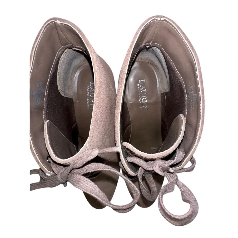 LAUREN RALPH LAUREN Women's‎ Tan Tamia Suede Ankle Boots 8.5 Wedge Heel Lace-Up